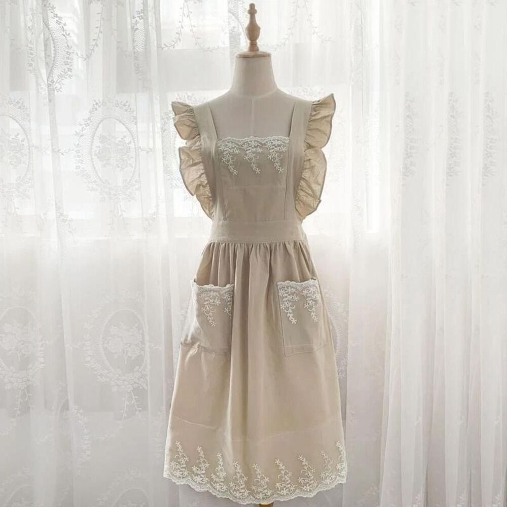 Cottagecore Lace Trim Ruffle Pinafore Apron with Pockets OS